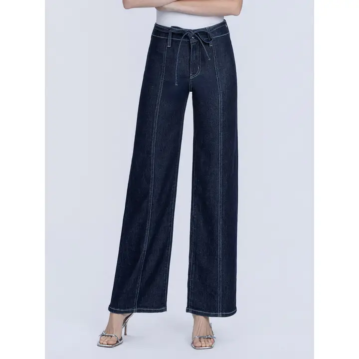 High Rise Dark Wash Self Tie Wide Jeans W Seam Detail - WELL-MADE