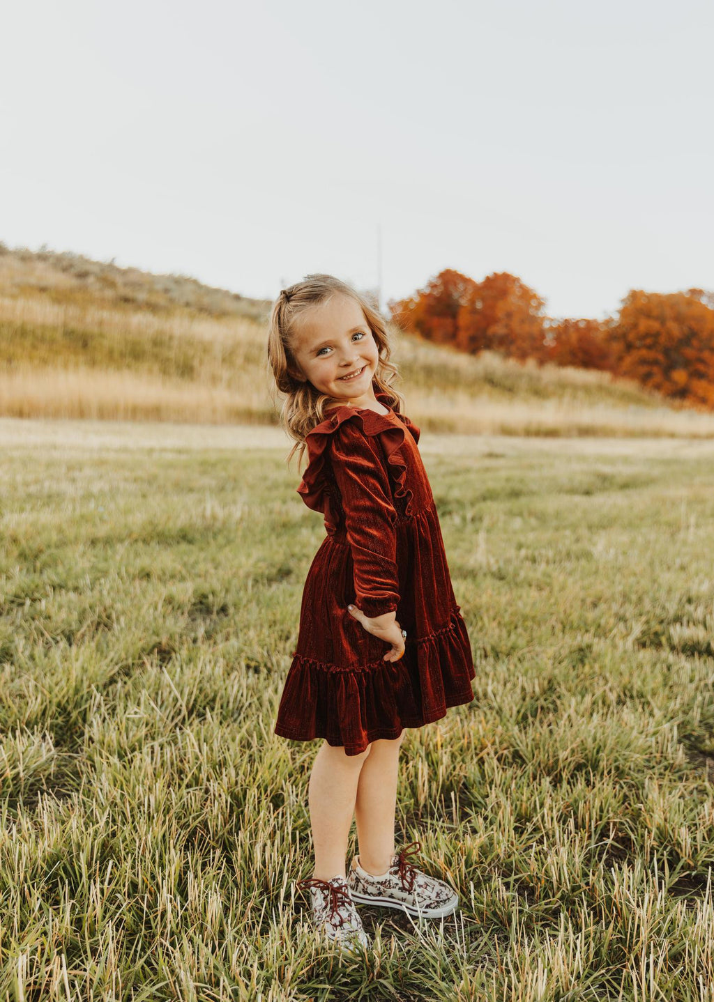 BURGUNDY VELVET RUFFLE GIRL DRESS
