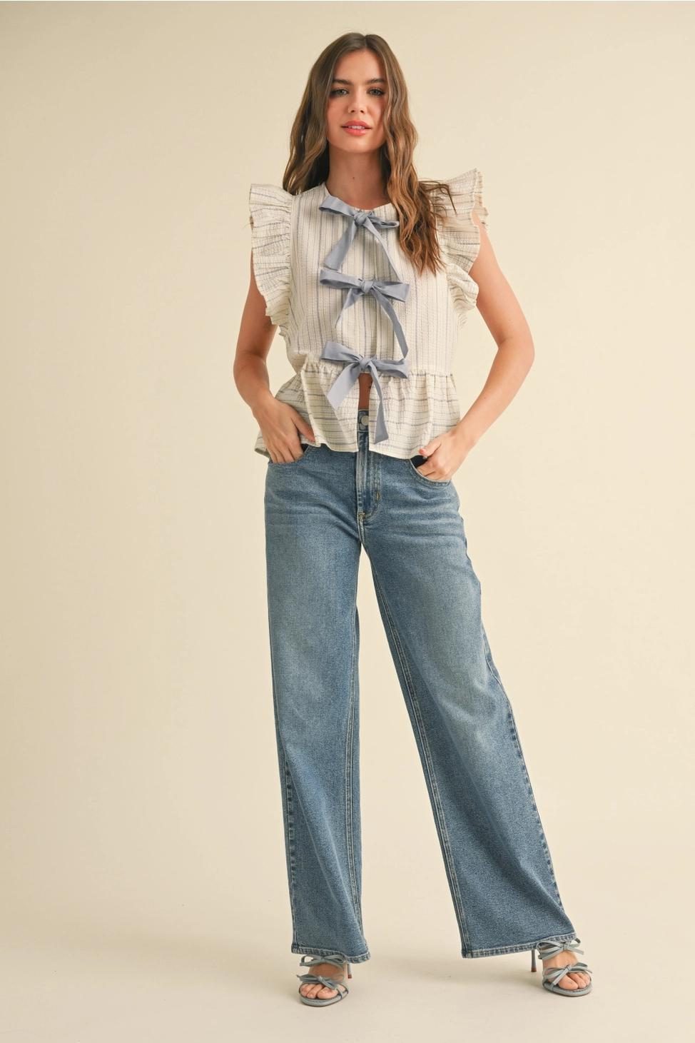 Striped with Tie Front Ruffle Sleeveless Blouse - Blue