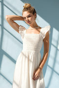 Olivia Ruffle Smocked Torso Poplin Midi Dress - White