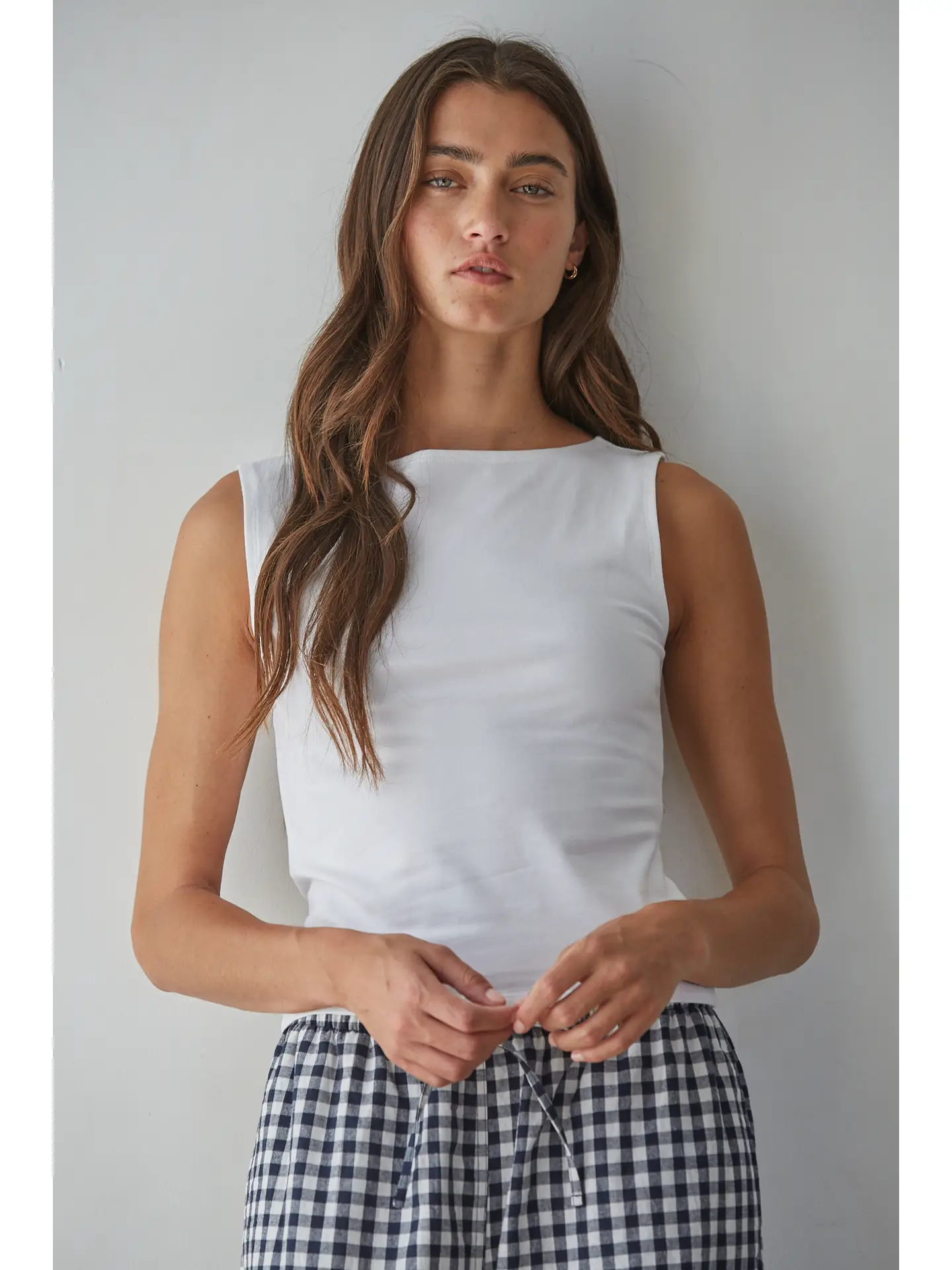 Knit Cotton Spandex Boat Neck Sleeveless Top
