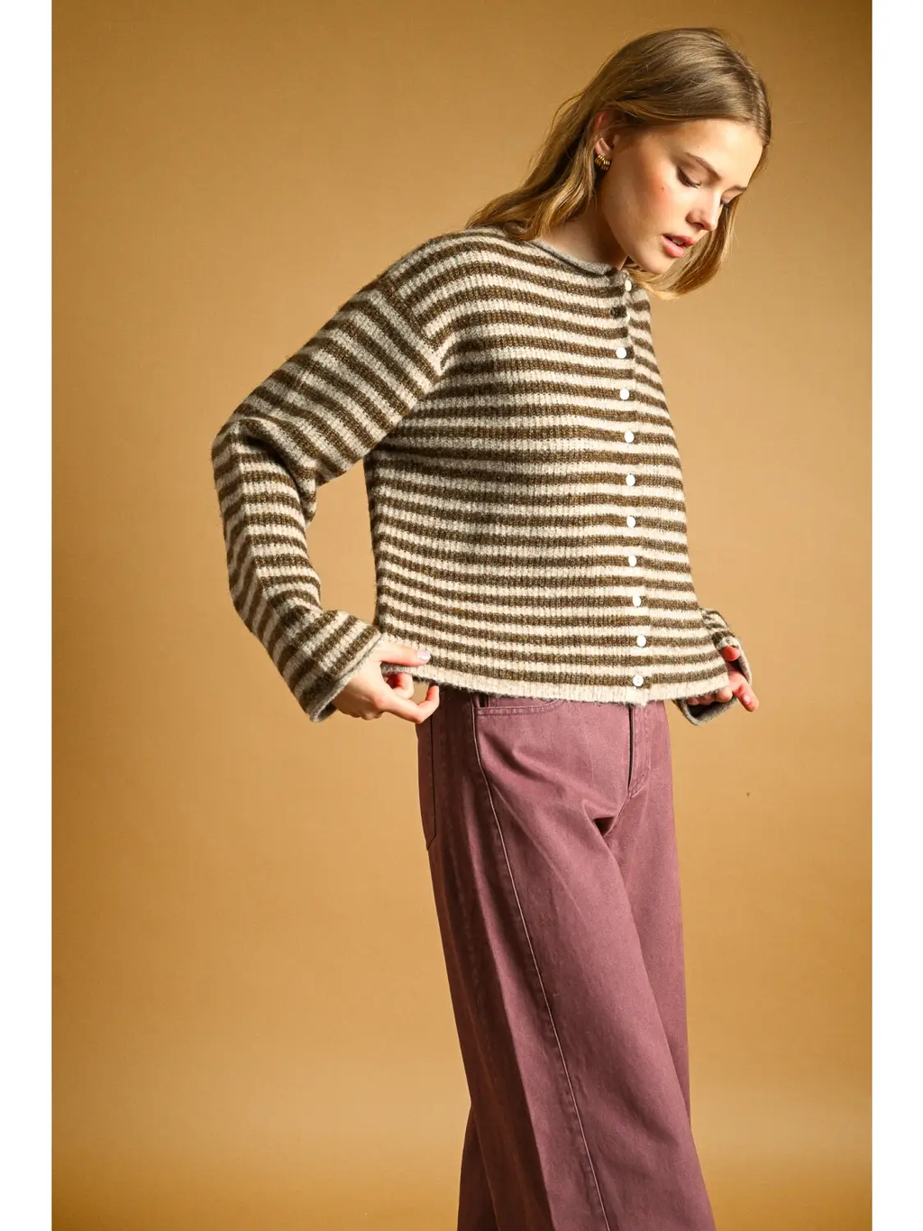 Striped Button Front Sweater Cardigan - Mocha Oat
