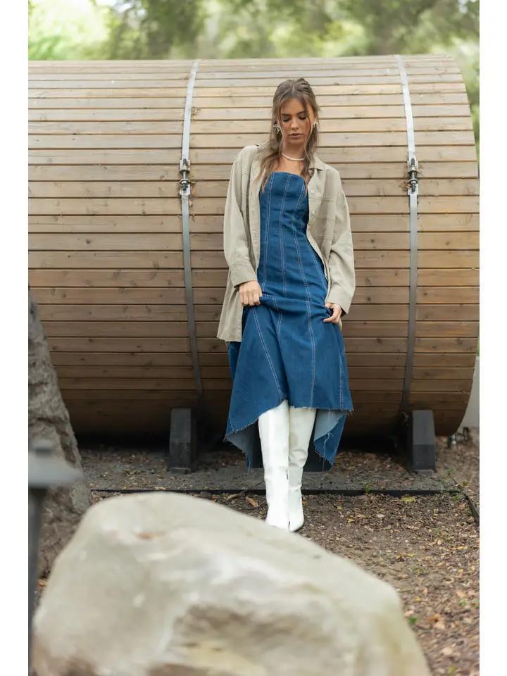 Paneled Denim Long Dress