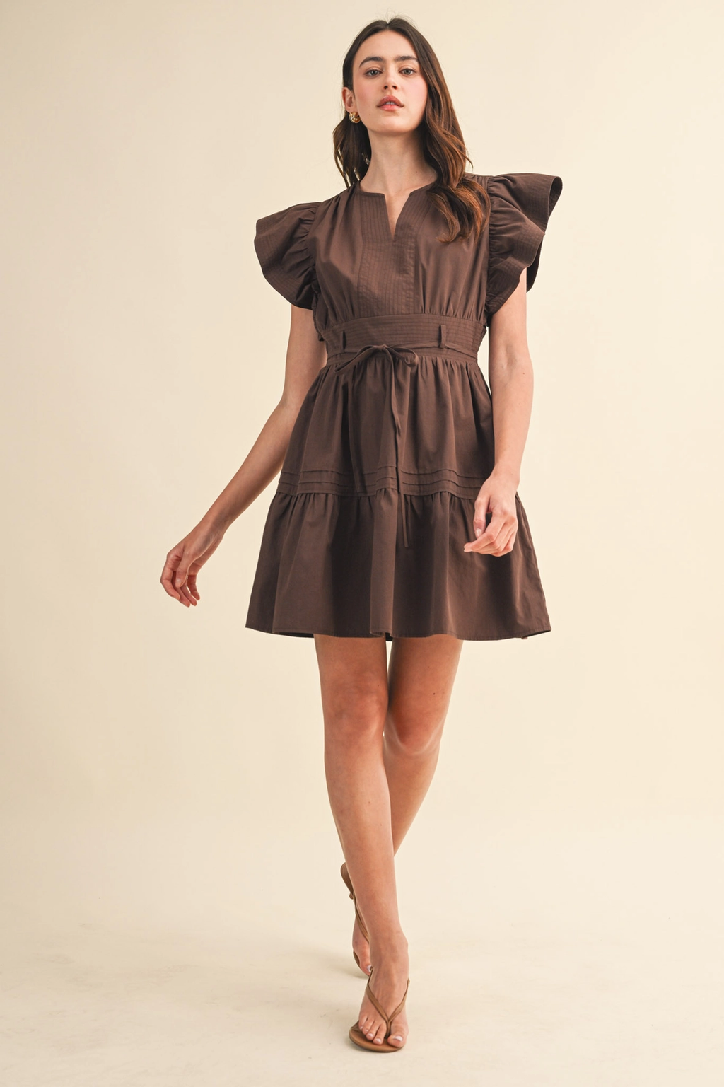 Embroidered Seam Pin Tuck Detail Mini Dress - COCOA BROWN