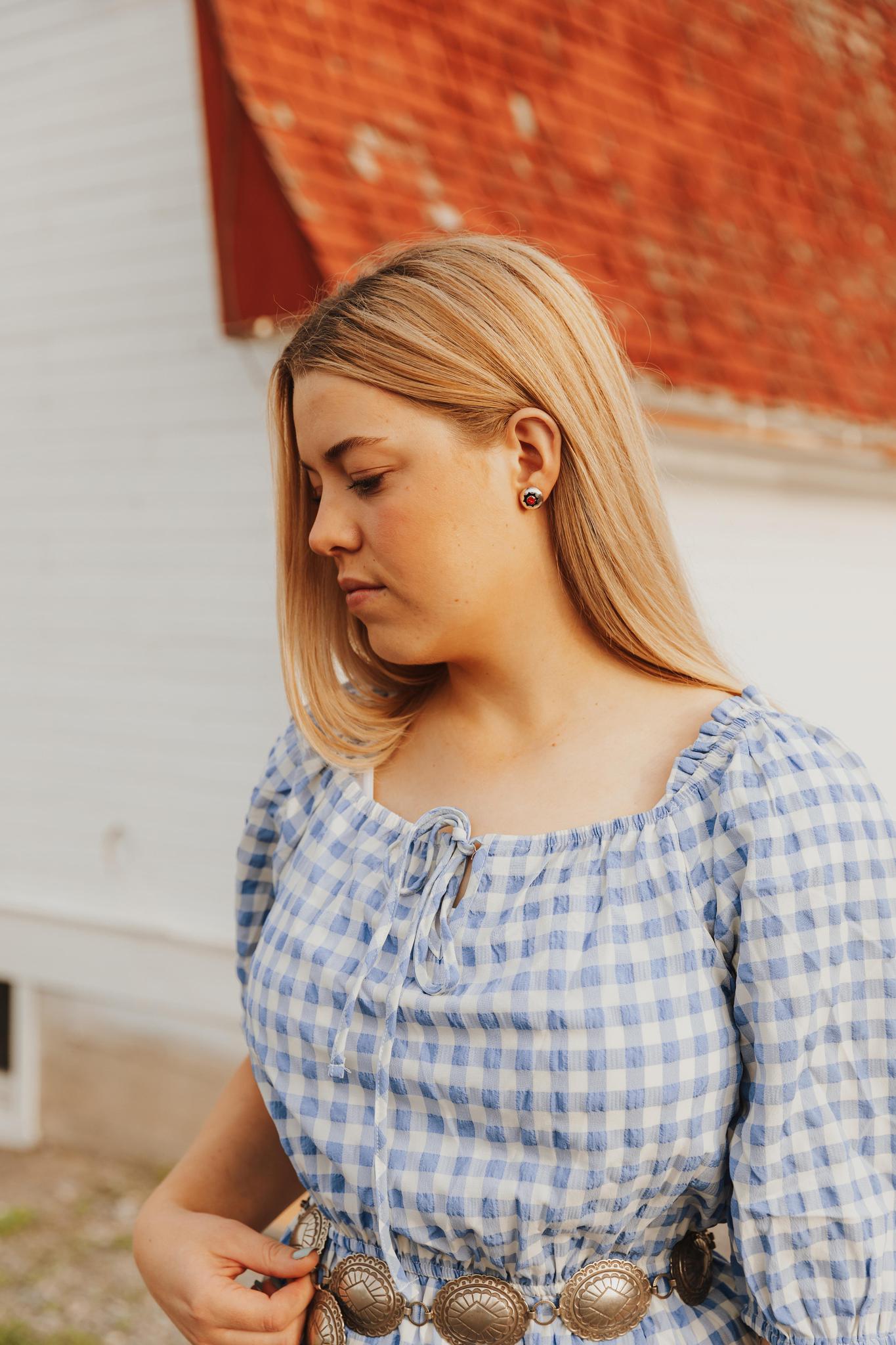 TEXTURED GINGHAM PUFF SLEEVE TIERED DRESS