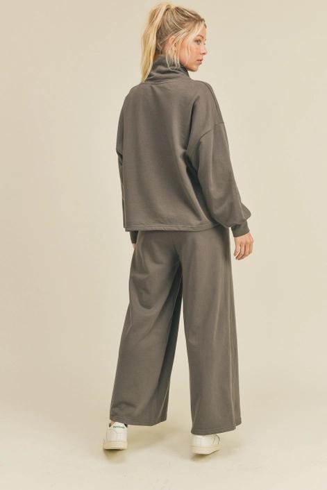 Grey Draped Mock Neck Top & Wide Leg Pant Set