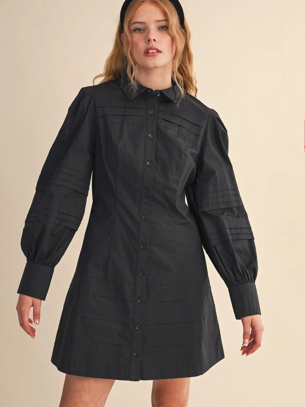 Pin Tuck Detail Button Down Mini Dress - BLACK
