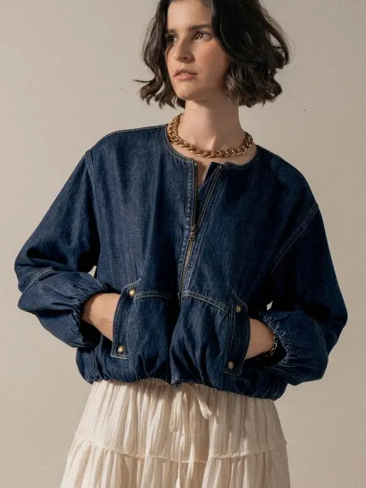 Chic Utility Zip-Up Denim Bomber Jacket