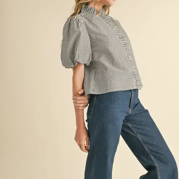 Striped Ruffle Button Down Top - DARK DENIM