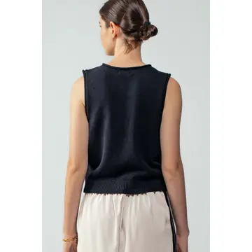 Relaxed Button-Front Knit Sleeveless Top - BLACK