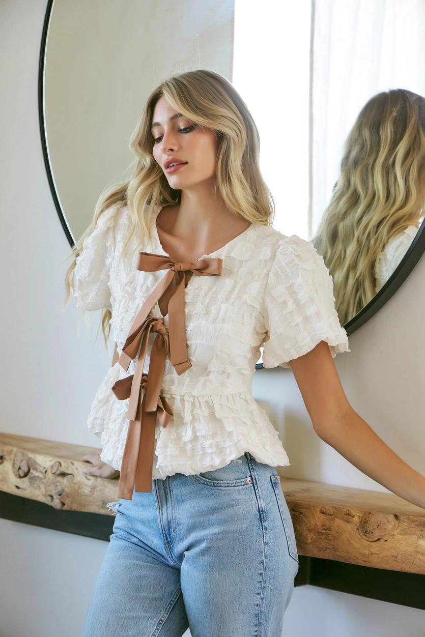 Bubble Babydoll Blouse with Textured Fabric and Contrast Bow - Vanilla