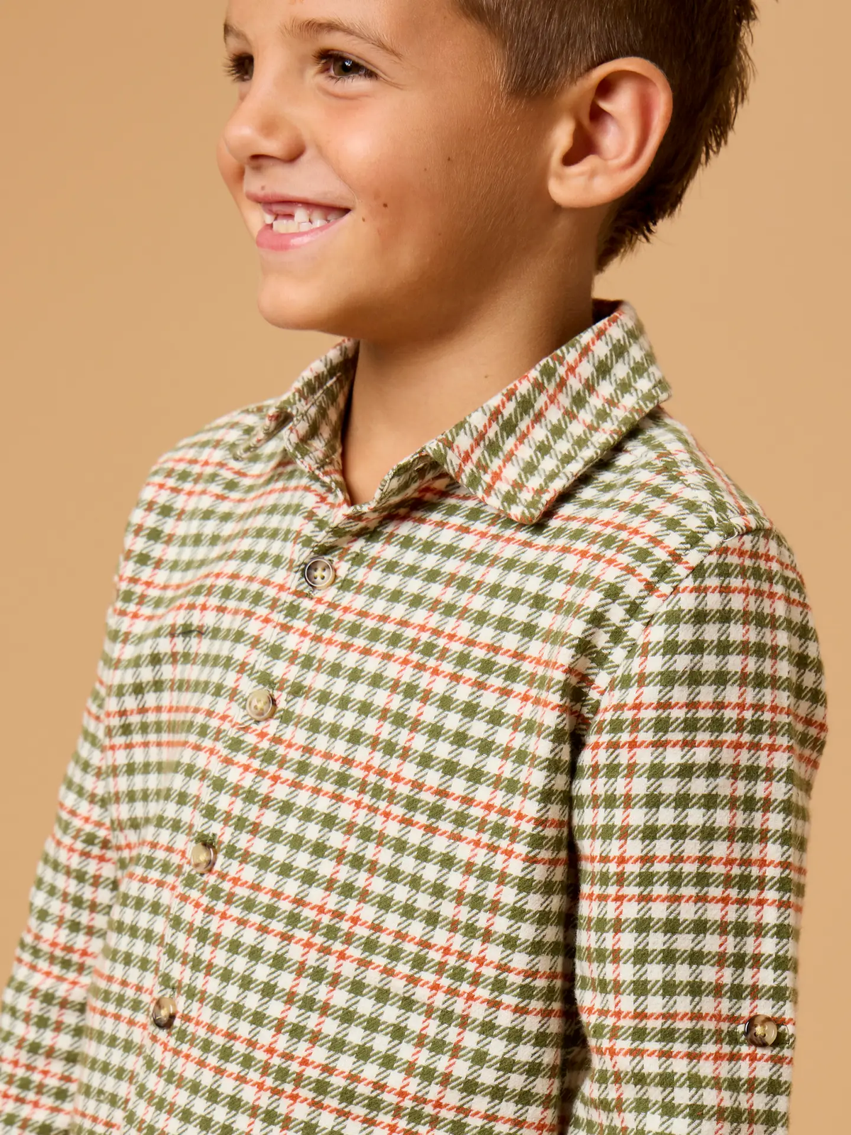 Boys Classic Dusty Olive Houndstooth Long Sleeve Button Down Shirt