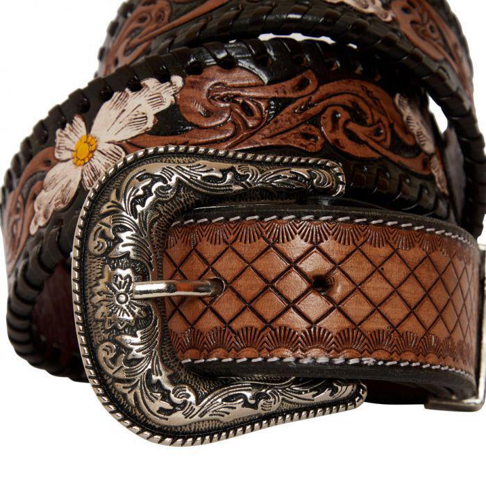 CHECKERED BROWN HAND-TOOLED LEATHER BELT S-4059