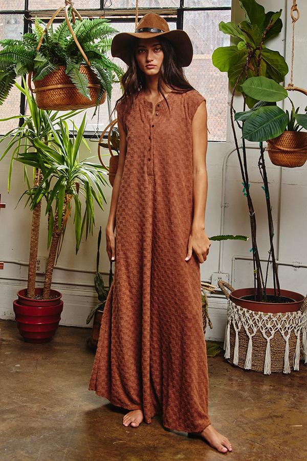 Wide Leg Chess Board Textured Brushed Knit Jumpsuit - CAMEL