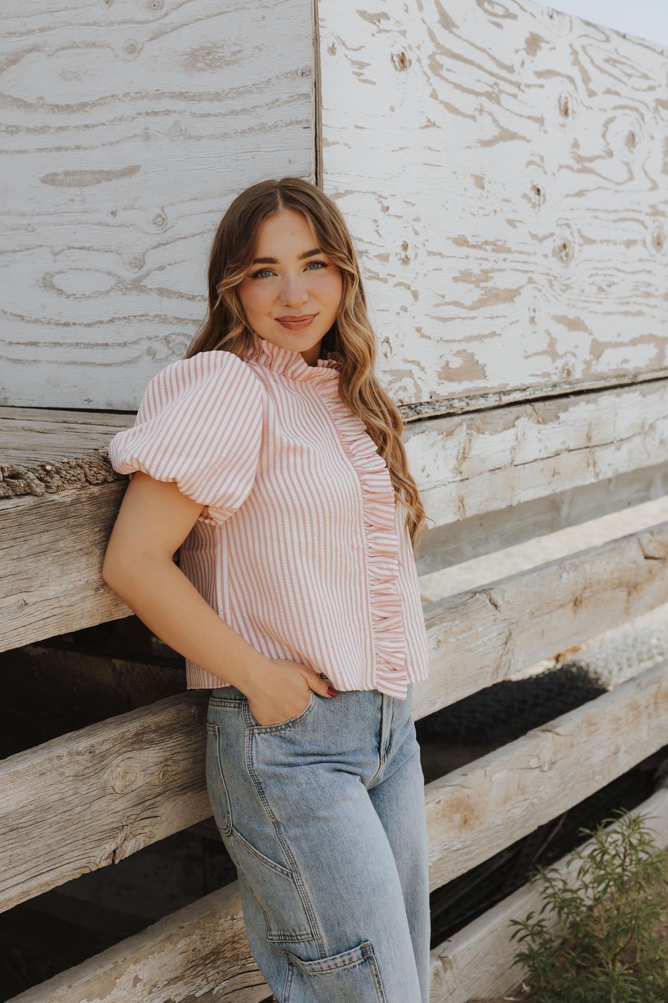 Striped Ruffled Button Down Top - PINK BLUSH