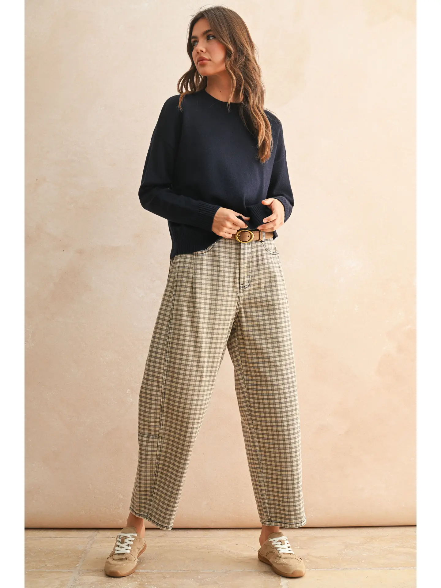 Mini Checker Pattern Barrel Pants - TAN/BROWN