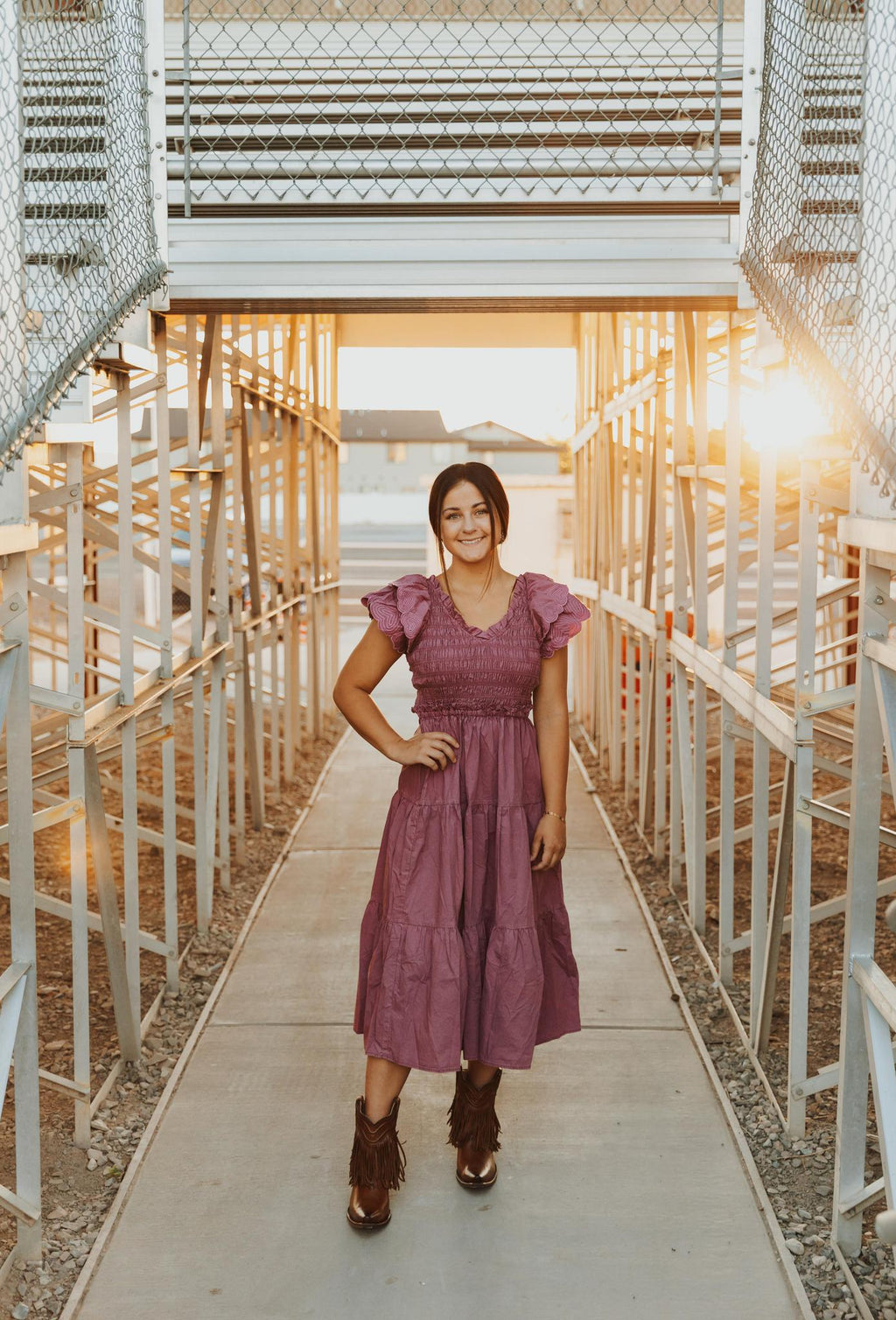 Cotton Poplin Ruffle Slv Smocked Bodice Midi Dress - Grape Nectar
