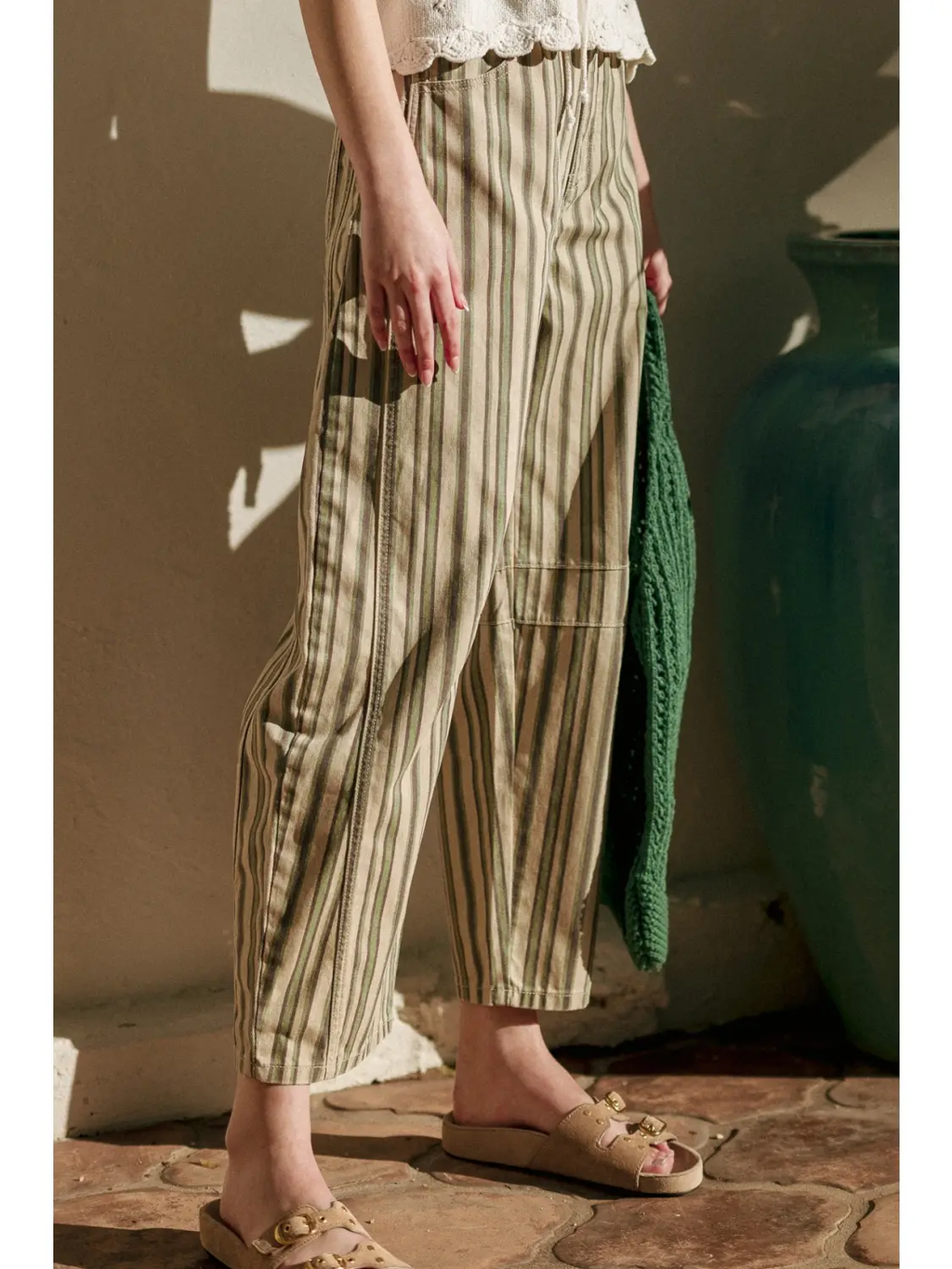 Multi Mix Stripe Printed Barrel Pants - GREEN MULTI