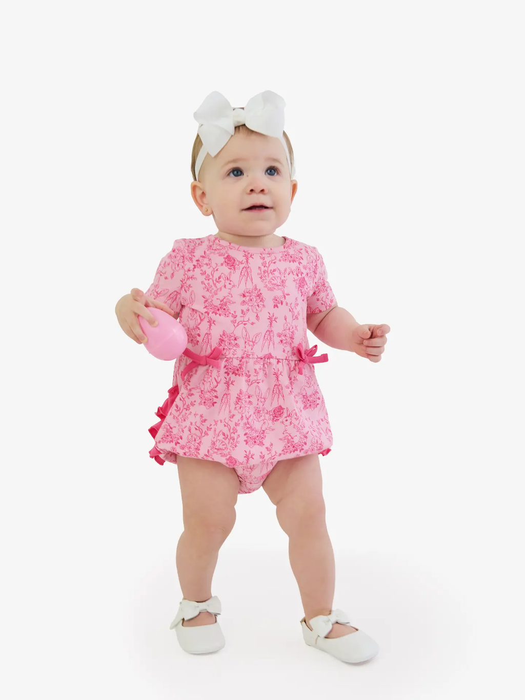Baby Girls Pink Cottontail Toile Knit Short Sleeve Bow Bubble Romper
