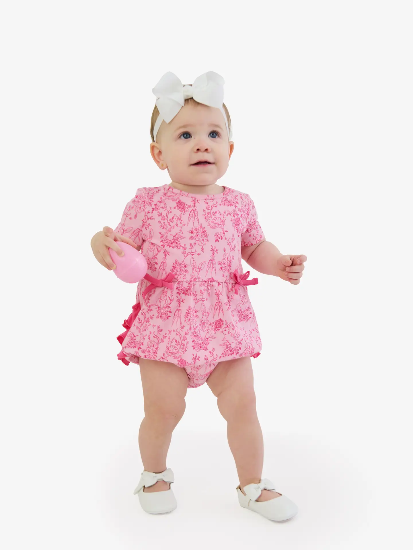 Baby Girls Pink Cottontail Toile Knit Short Sleeve Bow Bubble Romper