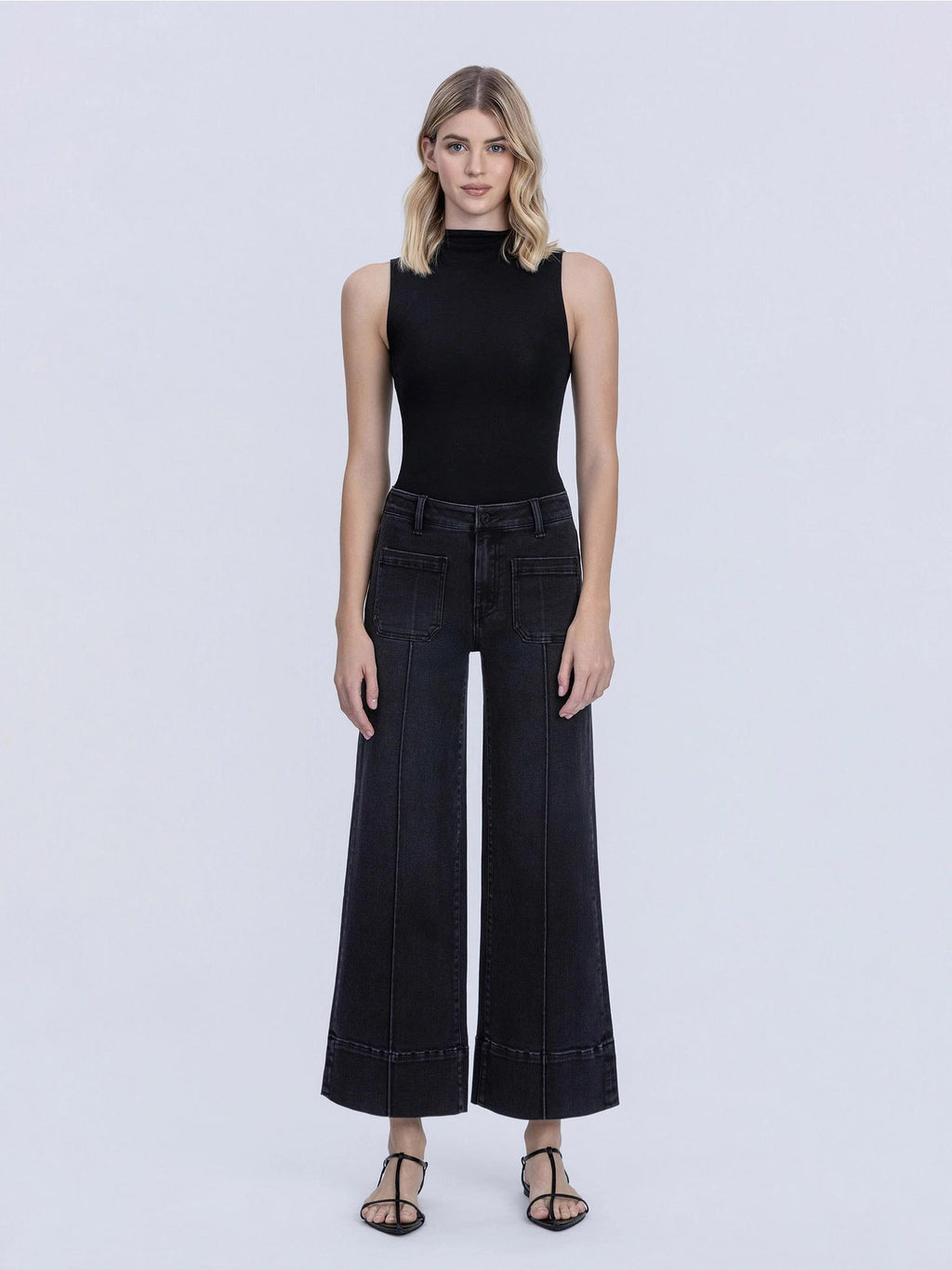 High Rise Patch Pocket Pin Tuck Black Wide Leg Jeans