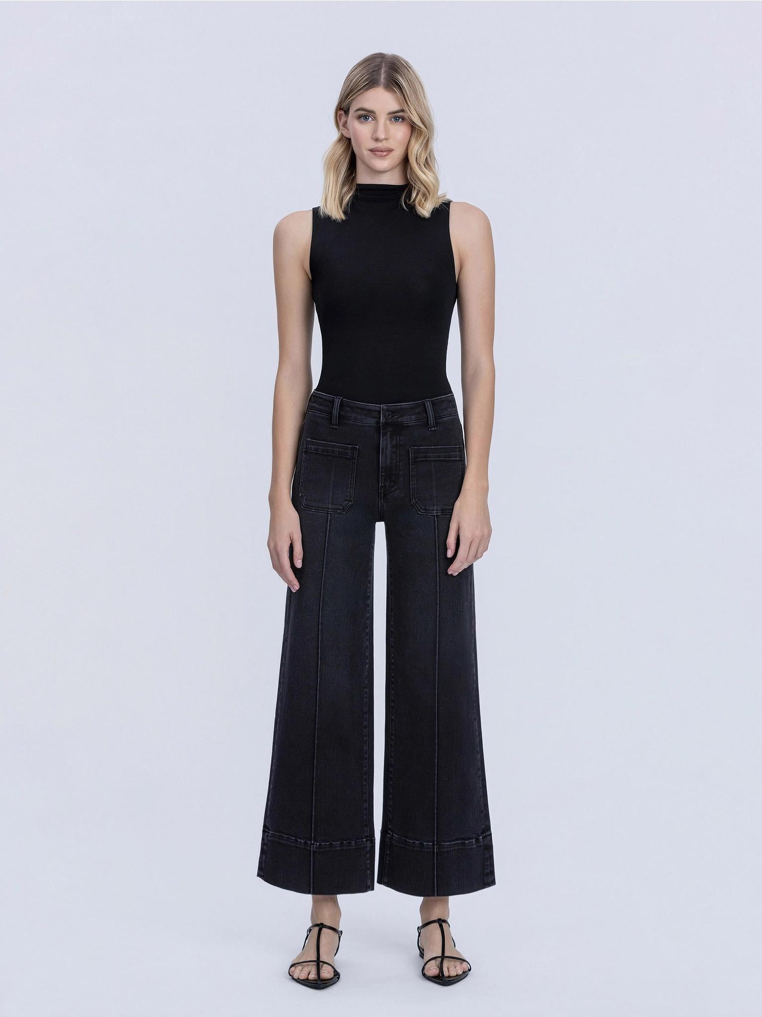 High Rise Patch Pocket Pin Tuck Black Wide Leg Jeans