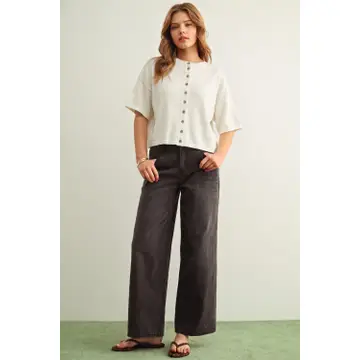 Button Down Round Neck Half Sleeve Top