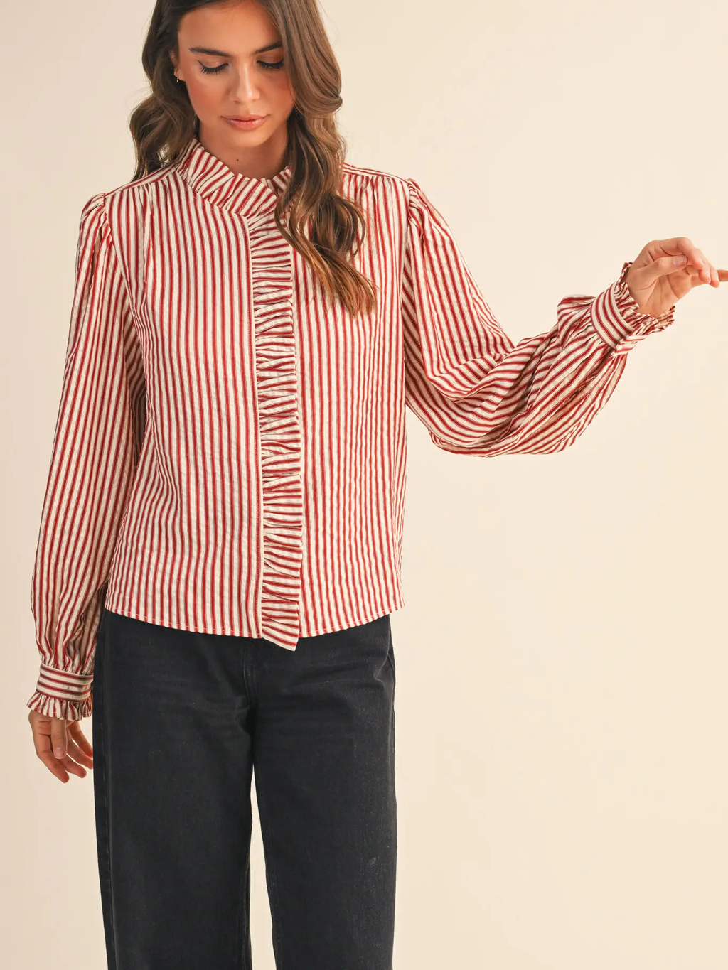 Striped Ruffled Button Down Long Sleeve Top - RED STRIPE