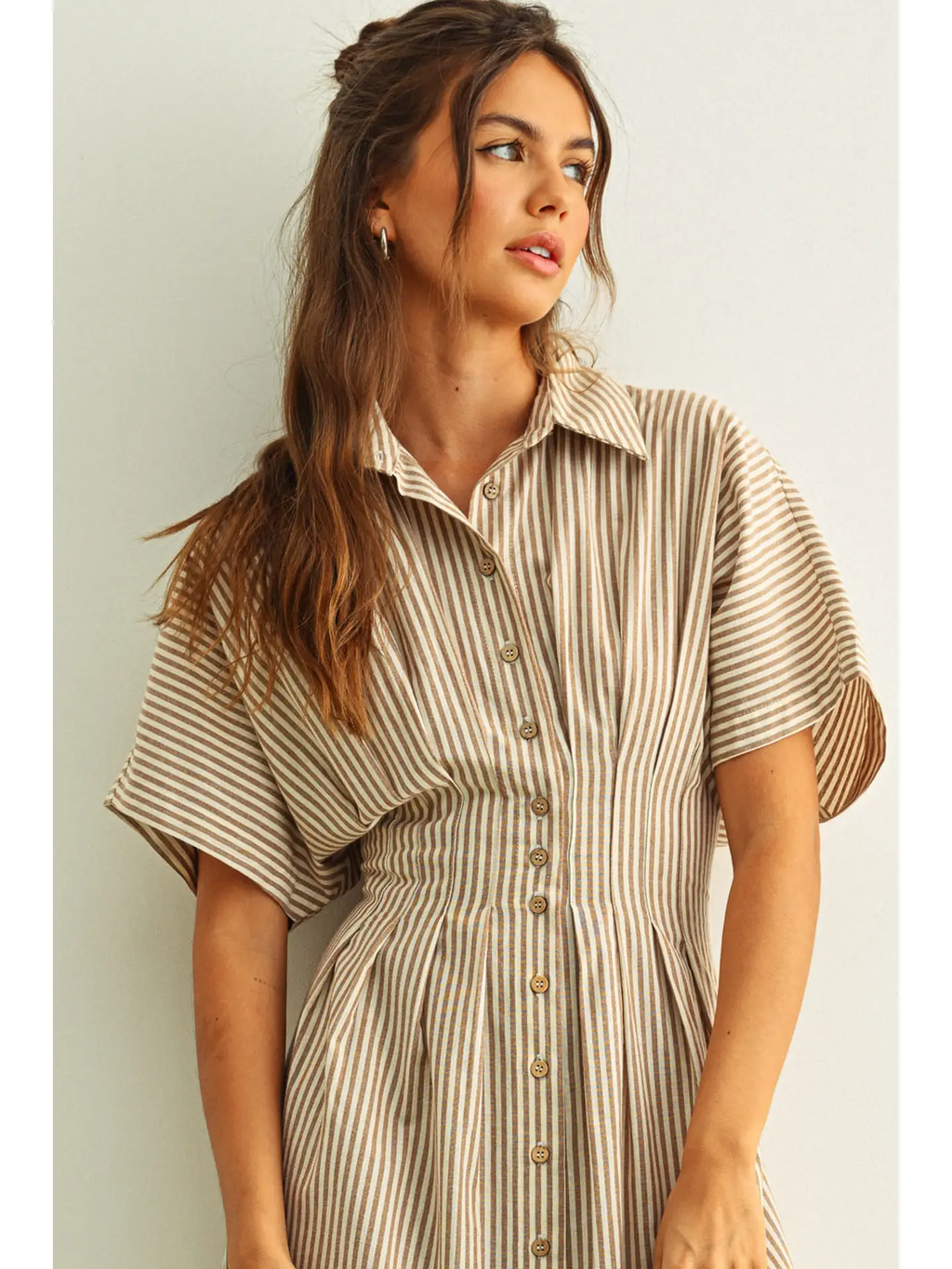 Striped Buttondown Shirt Dress - BROWN STRIPE