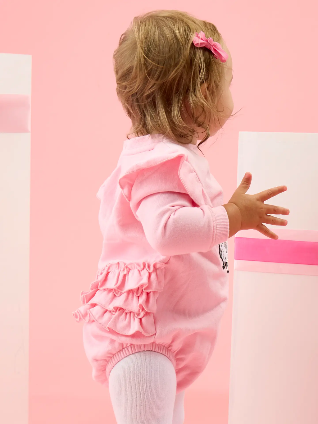 Baby Girls Pink Santa Joy Applique Sweatshirt Bubble Romper with Signature Rear Ruffles