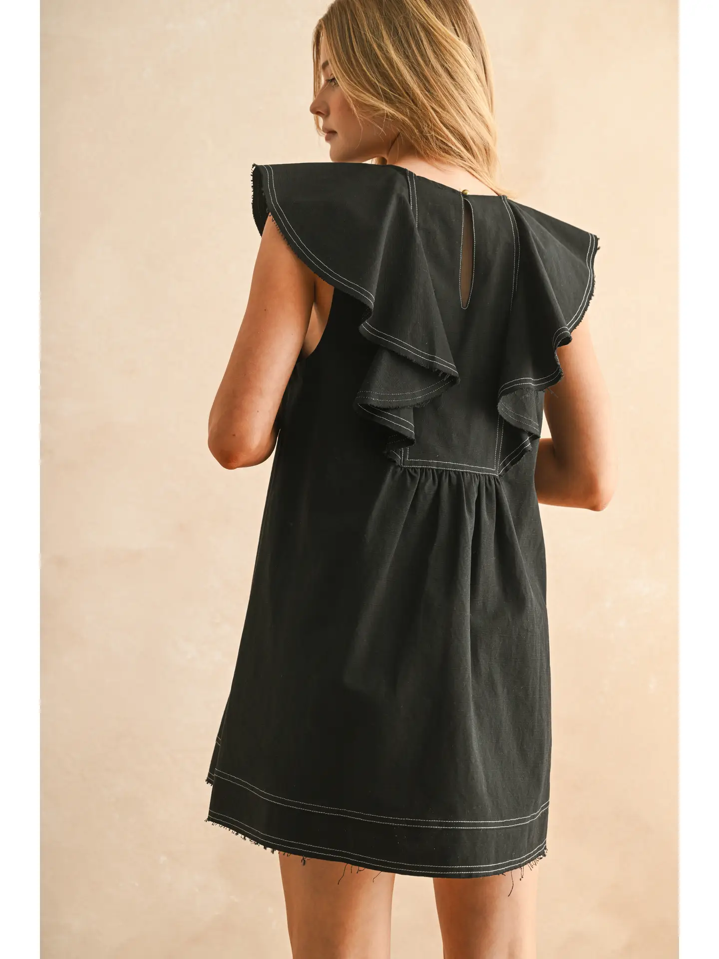 Ruffled Collar Woven Dress - BLACK