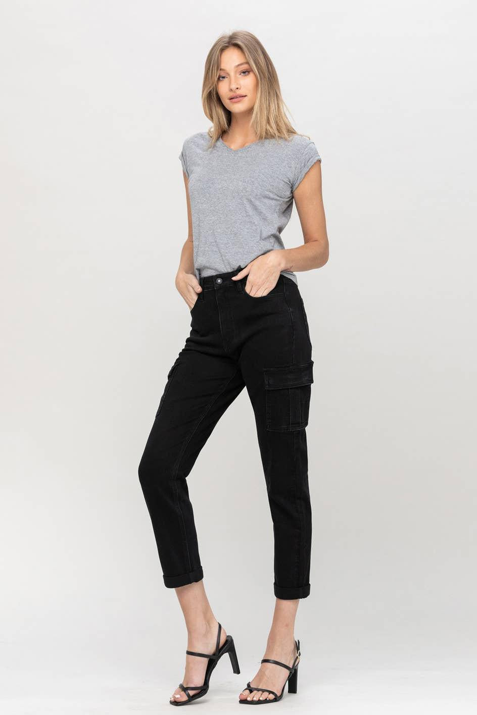 HIGH RISE MOM CARGO PANT | BLACK