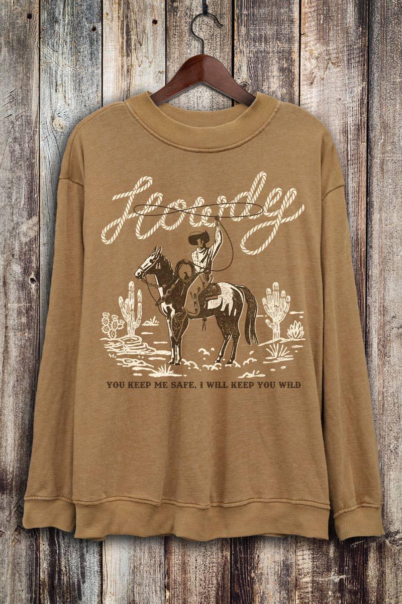 WILD WEST HOWDY COWBOY LONG SLEEVE SWEATSHIRT - MINERAL MUSTARD
