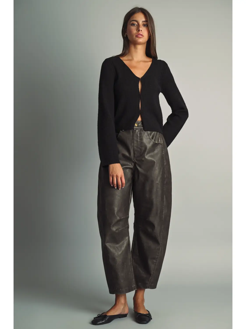 Washed Effect Barrel Pu Pants - BLACK