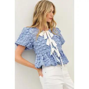 Bubble Babydoll Blouse with Textured Fabric and Contrast Bow - Lt. Blue