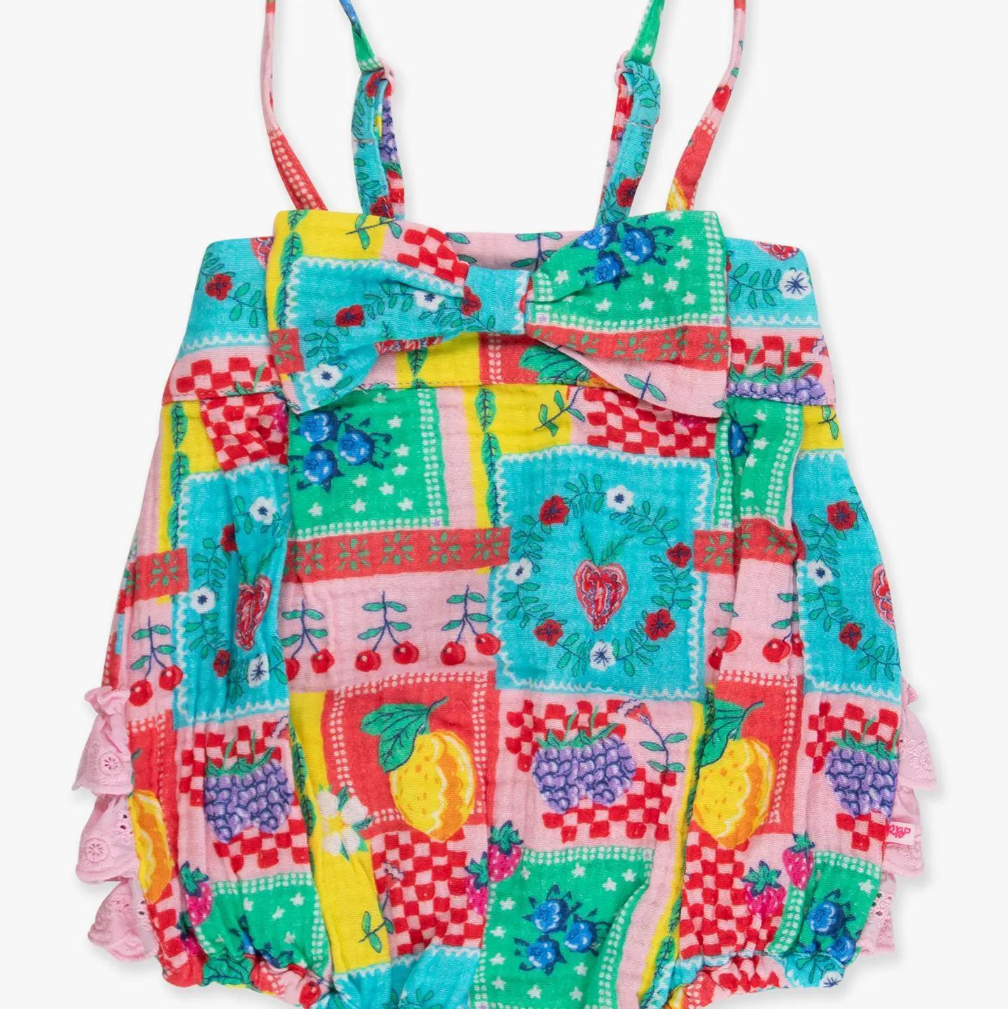 Baby Girls Picnic Party Patchwork Cotton Gauze Bow Front Bubble Woven Romper