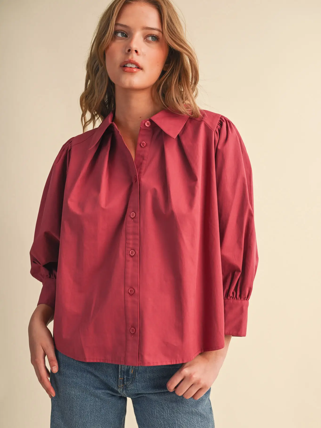 Puff Sleeve Button Down Top - ROSEWOOD PINK
