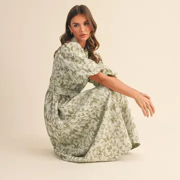 Jacquard Bubble Sleeve Button Down Midi Dress  - SAGE GREEN