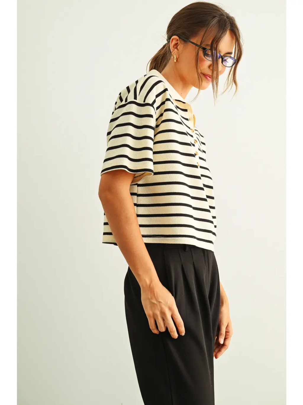 Stripe Pattern Short Sleeve Polo Shirts - CREAM & BLACK