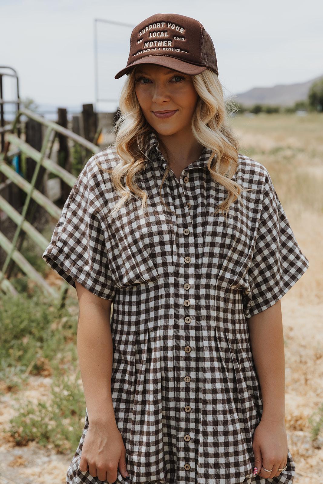 Gingham Pattern Button Down Shirt Dress - Brown/Cream
