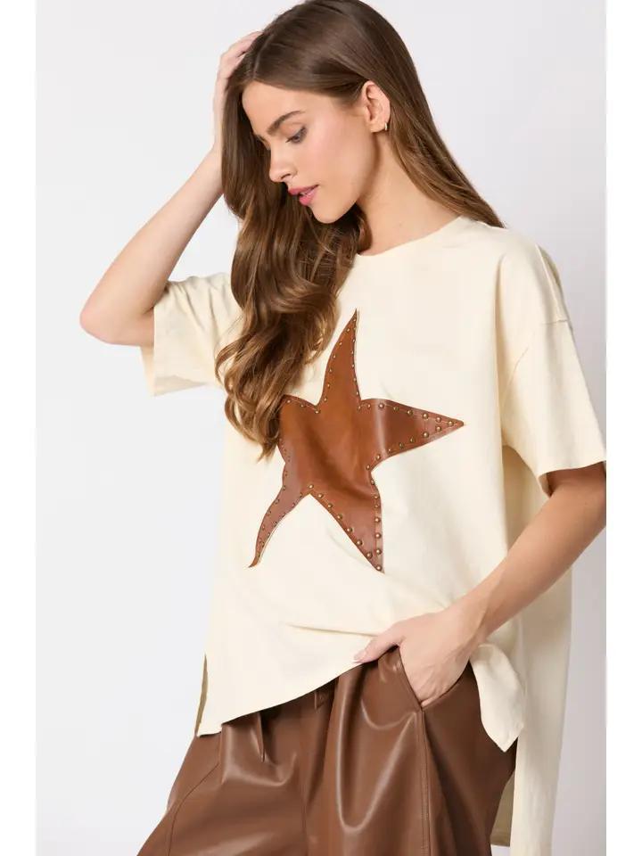 Half Sleeve Top with Washed Star - Cream