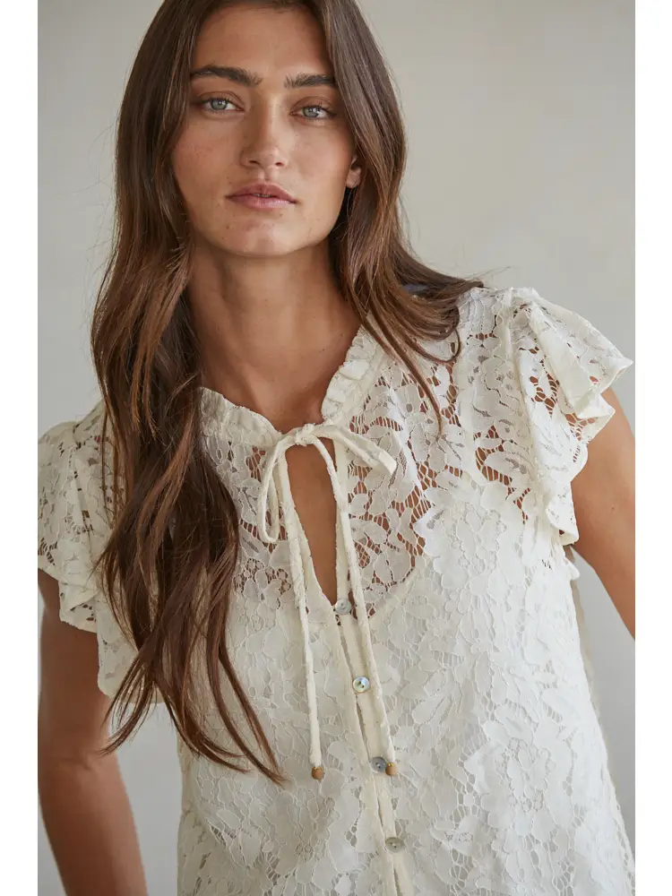 Woven Cotton Nylon Lace Button Down Short Sleeve Top