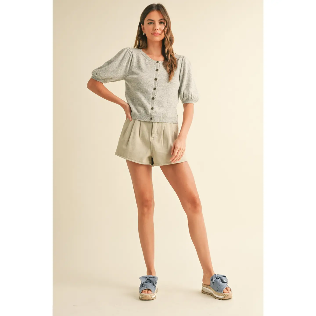 Puff Short Sleeve Button Down Knit Cardigan - Heather Grey