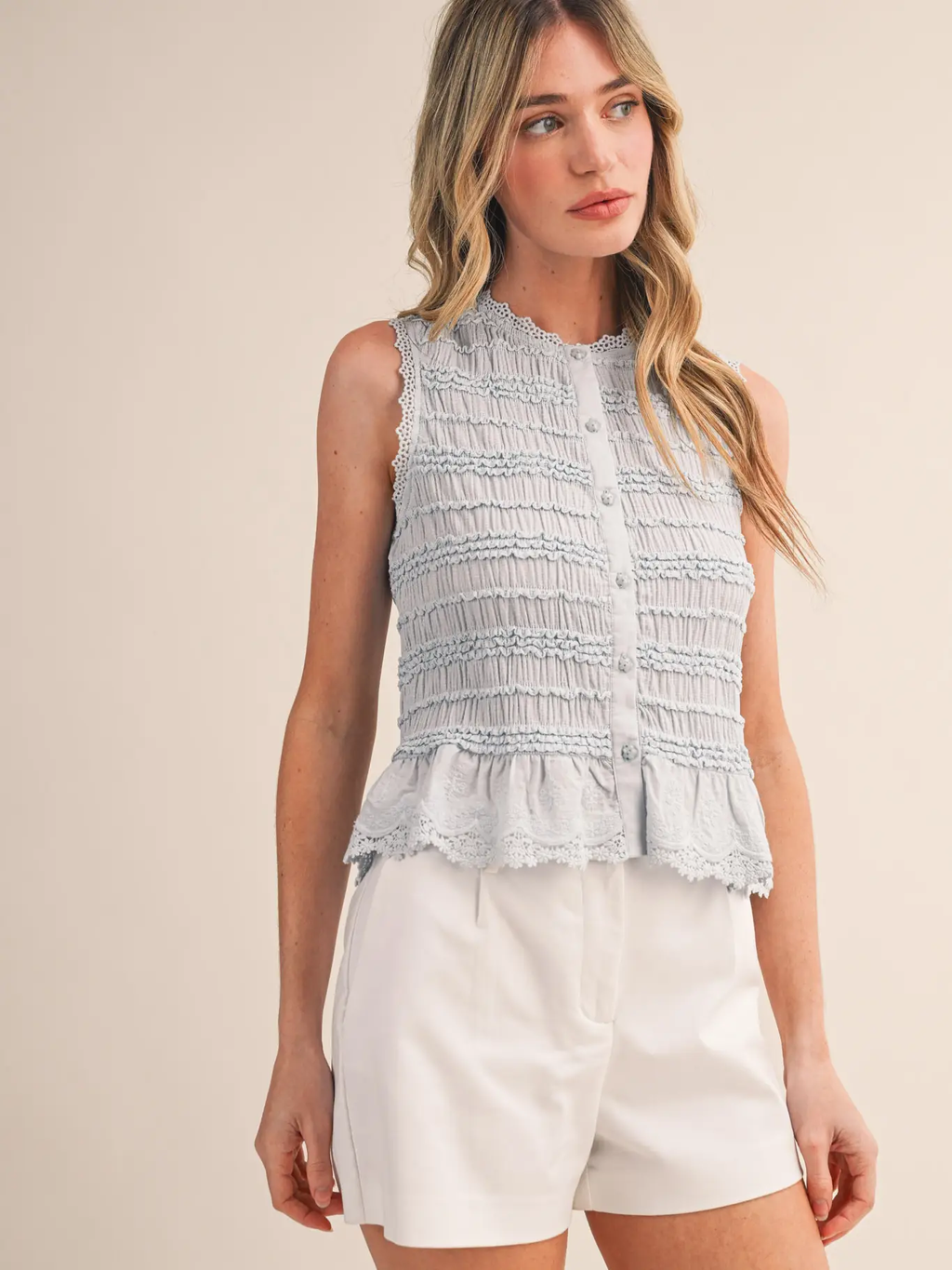 Shirred Button Down Top with Lace Trim - BLACK