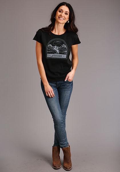 WOMENS S/S KNIT   STETSON LADIES SHORT SLEEVE T-SHIRT  STETSON LASSO COWBOY MOUNTIANS SCREEN