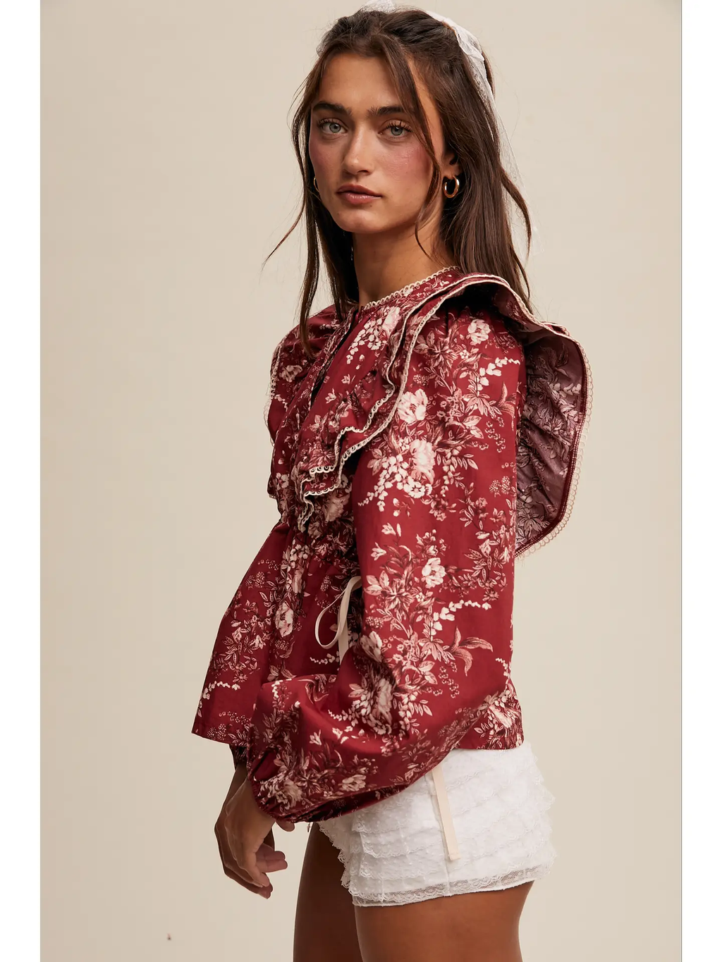 Victorian Floral Ruffle Blouse - CRIMSON