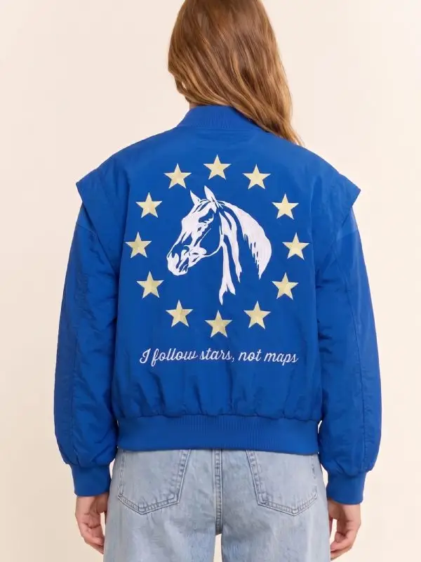 Embroidered Horse and Stars Bomber Jacket - BLUE