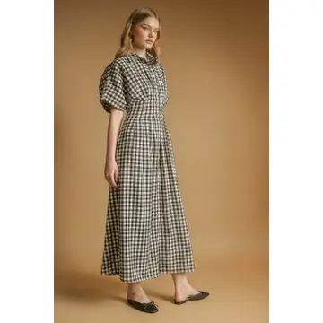 Gingham Pattern Button Down Shirt Dress - Black/Cream
