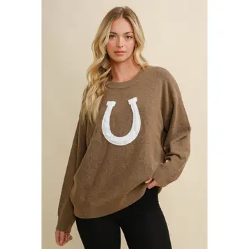Horse Shoe Pullover Sweater - BROWN