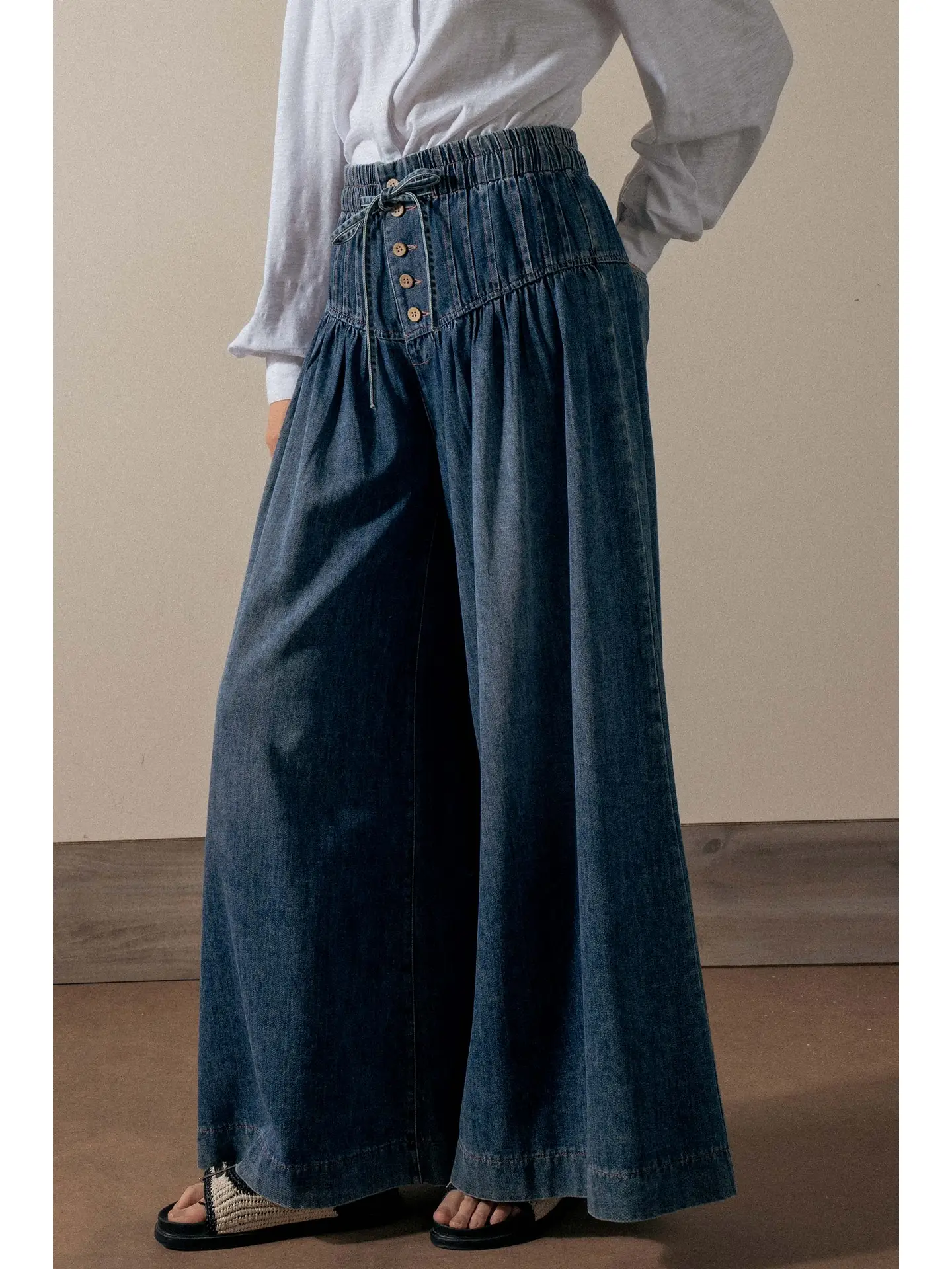 Pleated Wide-Leg Button Closure Pants - DARK DENIM